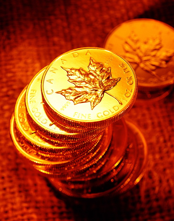 黄金货币图片-金融图 硬币 加拿大 树叶 堆栈 金