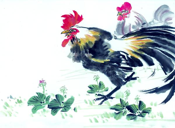 中国动物画图片-山水名画图 生态 公鸡 吃食,山