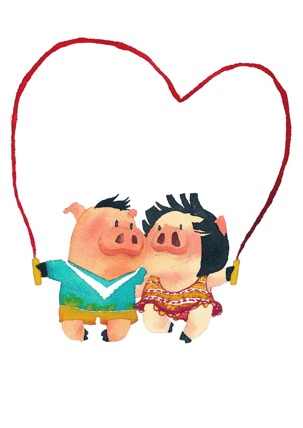 浪漫情人图片-标题插画图 可爱小猪 搂在一起 