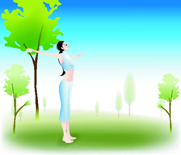 健身图片-卡通人物图 踮脚 女人 扎辫子 美女 蓝