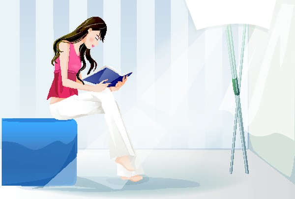 健身图片-卡通人物图 <em>书本</em> <em>阅读</em> <em>女人</em> 落地窗 坐