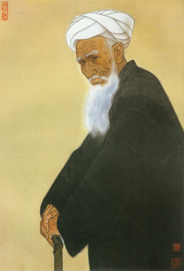 维族老人图 人物特写 白胡子老头 拄拐杖,人物名画图片-中国现代名画图,中国现代名画,人物名画,