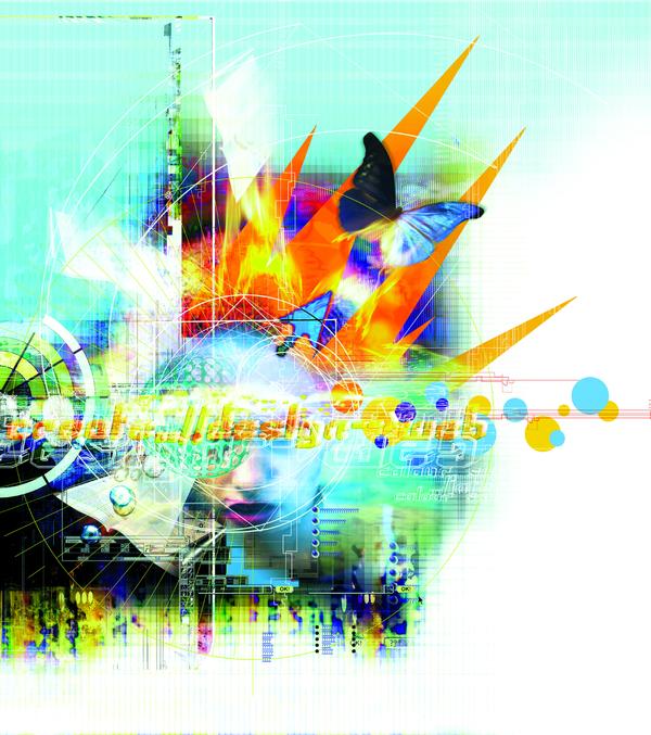 科技幻想图片-科技图 蝴蝶飞翔 喷墨 橘黄光线