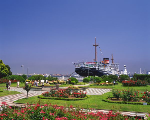 横滨图片-建筑图 日本横滨 远处轮船 花园式景