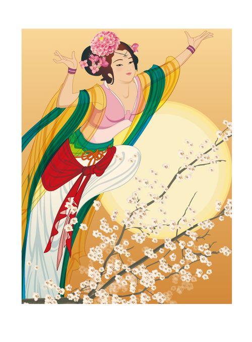 中秋图片-时尚矢量插画图 花朵 圆月 仙女 团圆